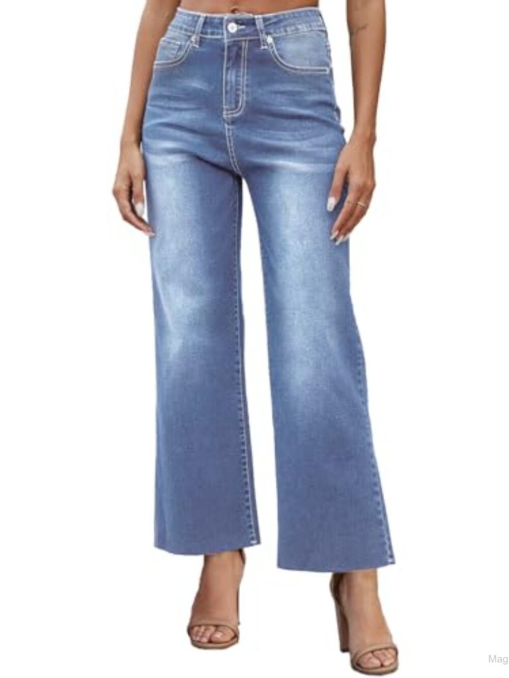 Women's High Waisted Cropped Wide Leg Jeans Raw Hem Stretch Denim